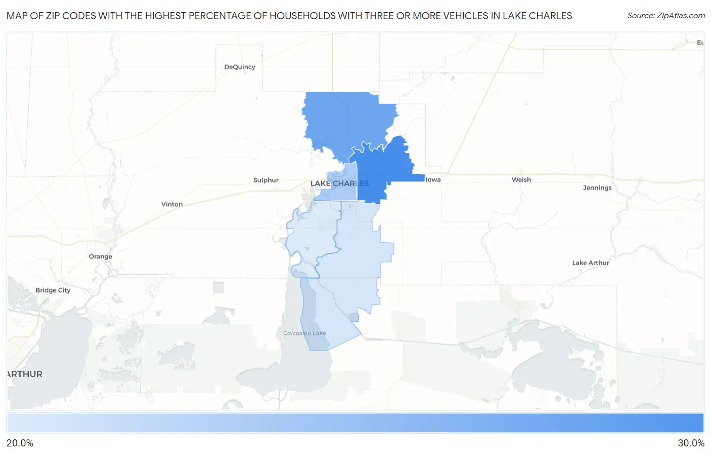 Zip Codes with the Highest Percentage of Households With Three or more Vehicles in Lake Charles Map