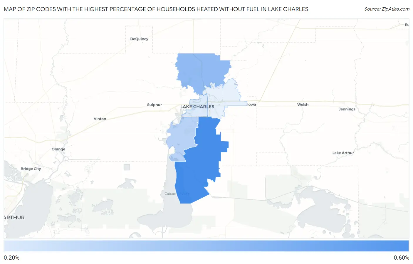 Zip Codes with the Highest Percentage of Households Heated without Fuel in Lake Charles Map