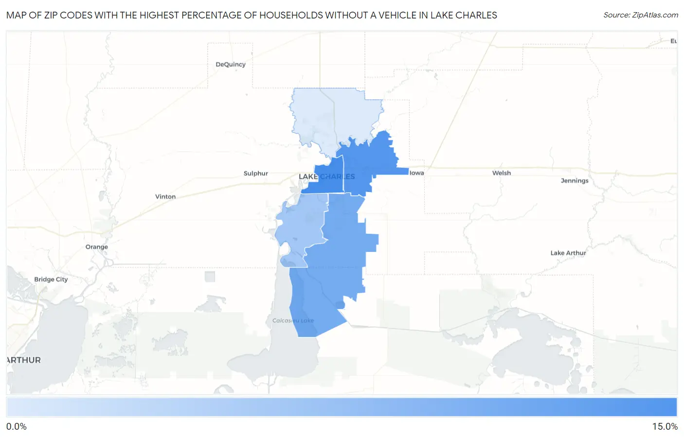 Zip Codes with the Highest Percentage of Households Without a Vehicle in Lake Charles Map