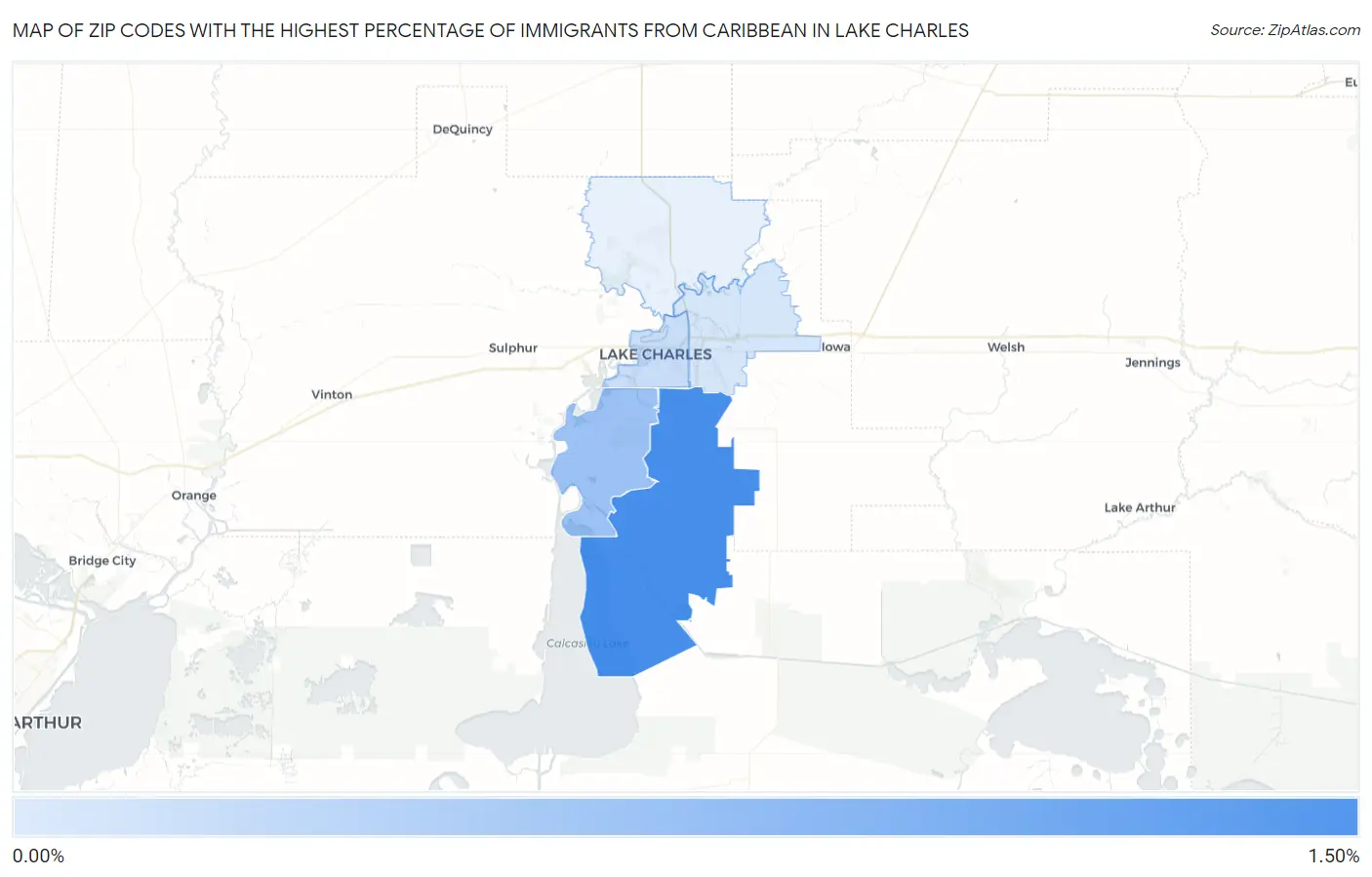 Zip Codes with the Highest Percentage of Immigrants from Caribbean in Lake Charles Map