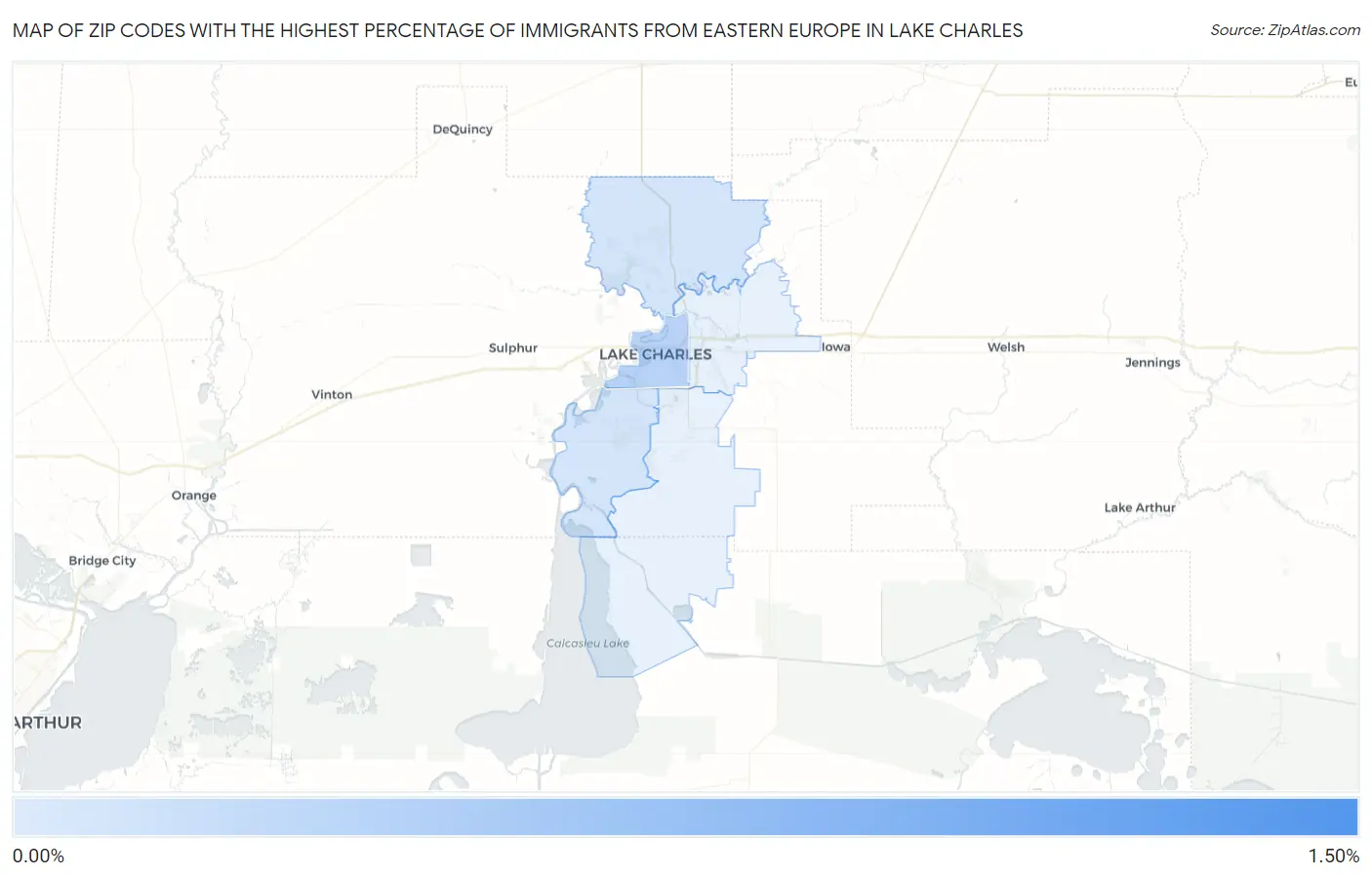 Zip Codes with the Highest Percentage of Immigrants from Eastern Europe in Lake Charles Map