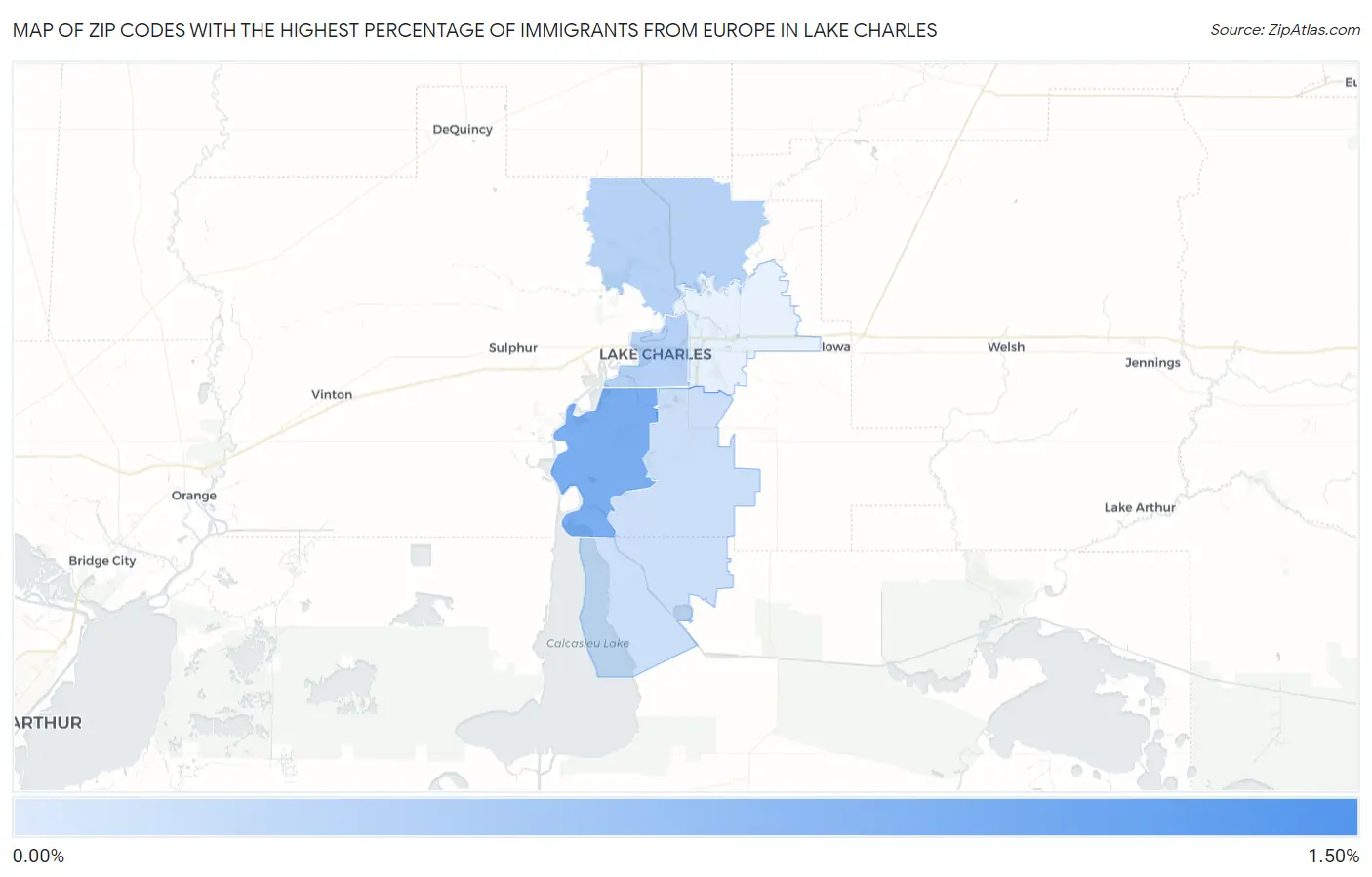 Zip Codes with the Highest Percentage of Immigrants from Europe in Lake Charles Map