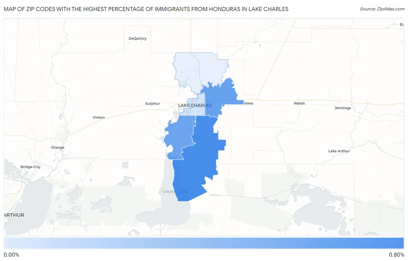 Zip Codes with the Highest Percentage of Immigrants from Honduras in Lake Charles Map