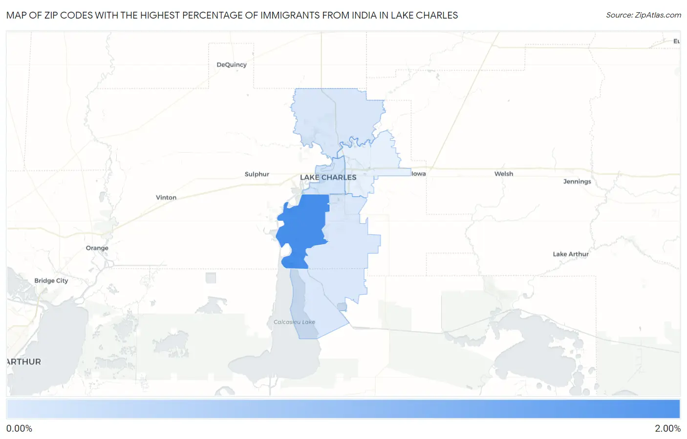 Zip Codes with the Highest Percentage of Immigrants from India in Lake Charles Map