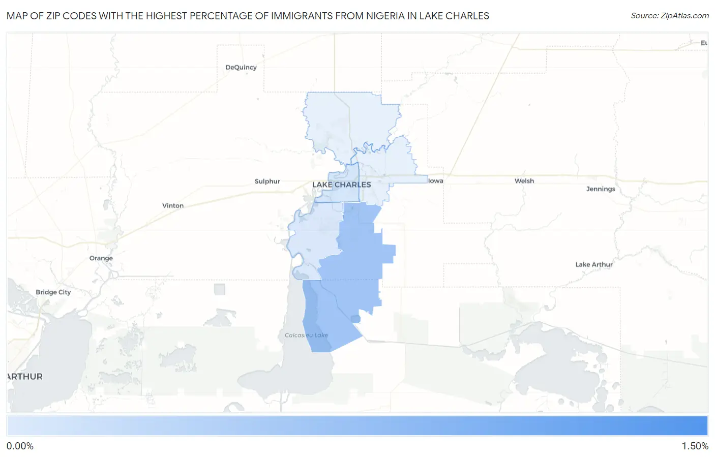 Zip Codes with the Highest Percentage of Immigrants from Nigeria in Lake Charles Map