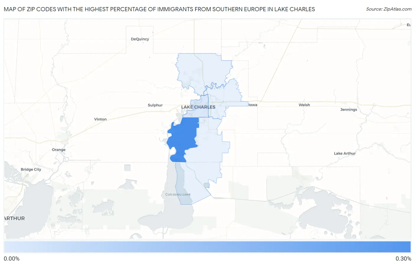 Zip Codes with the Highest Percentage of Immigrants from Southern Europe in Lake Charles Map