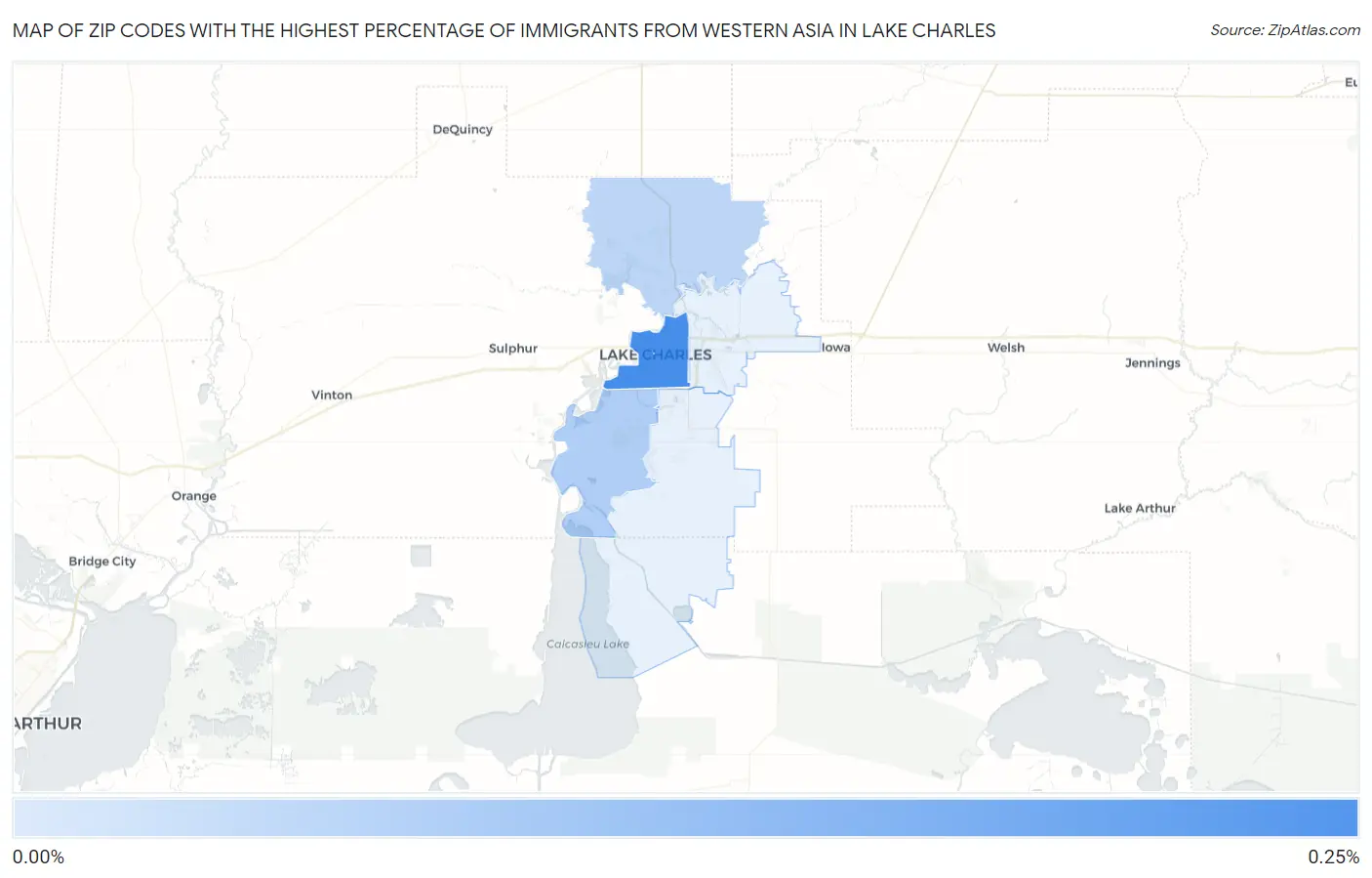 Zip Codes with the Highest Percentage of Immigrants from Western Asia in Lake Charles Map