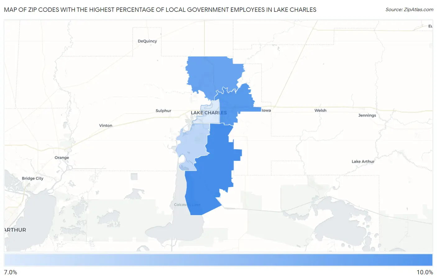 Zip Codes with the Highest Percentage of Local Government Employees in Lake Charles Map