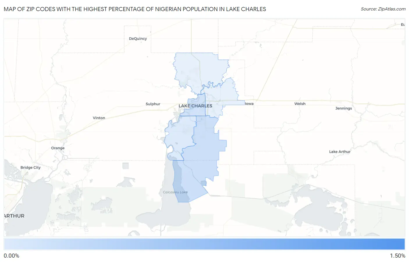 Zip Codes with the Highest Percentage of Nigerian Population in Lake Charles Map