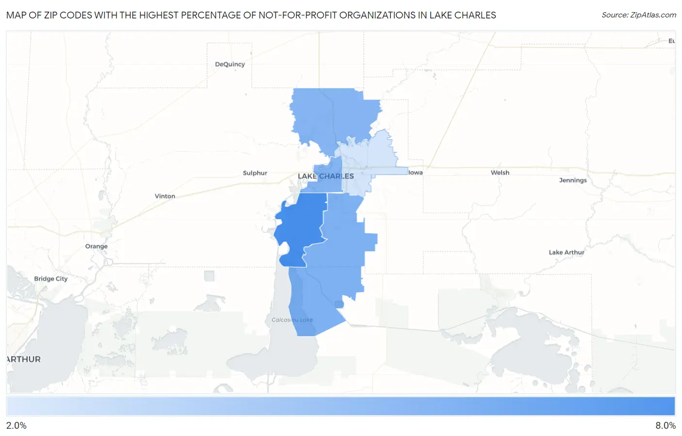 Zip Codes with the Highest Percentage of Not-for-profit Organizations in Lake Charles Map