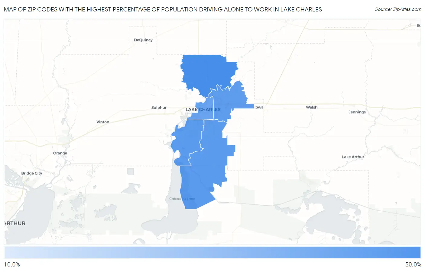 Zip Codes with the Highest Percentage of Population Driving Alone to Work in Lake Charles Map