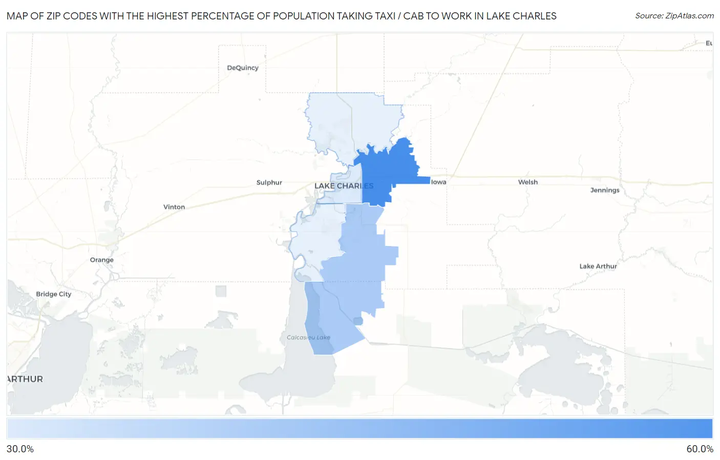 Zip Codes with the Highest Percentage of Population Taking Taxi / Cab to Work in Lake Charles Map