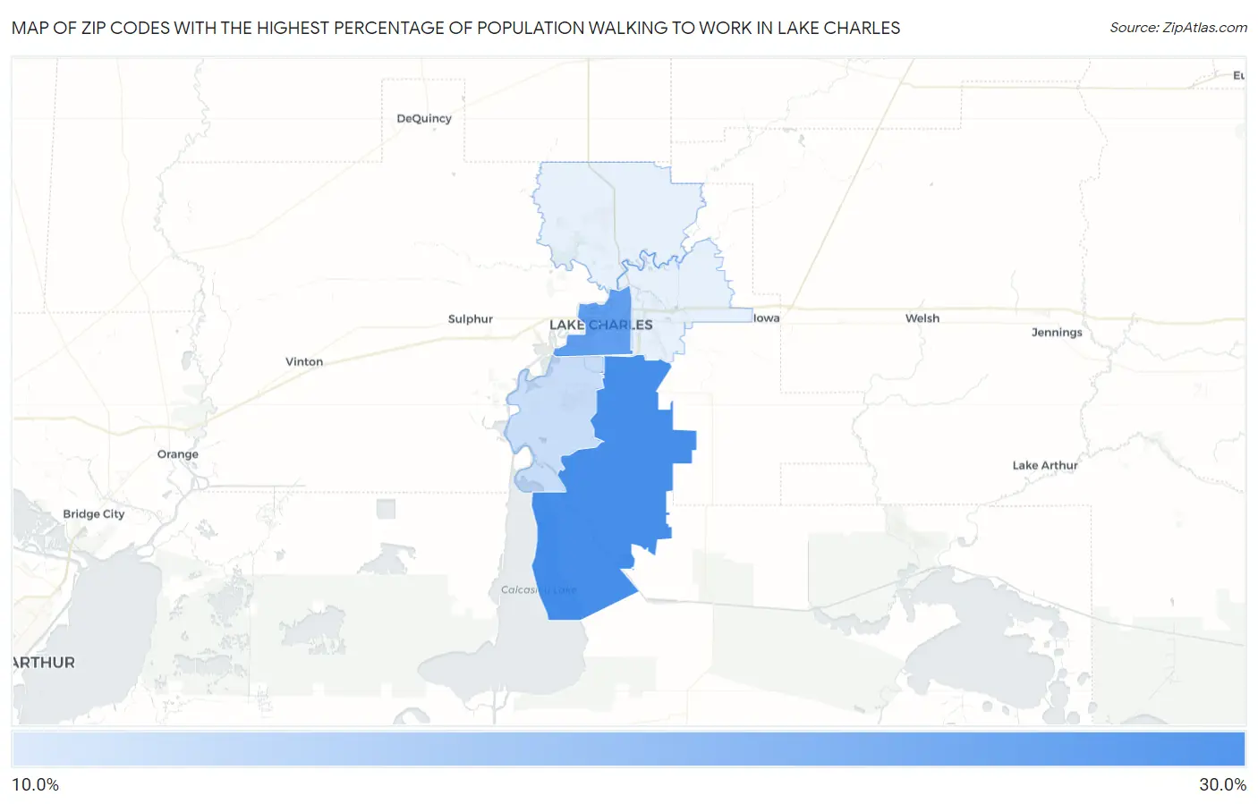 Zip Codes with the Highest Percentage of Population Walking to Work in Lake Charles Map