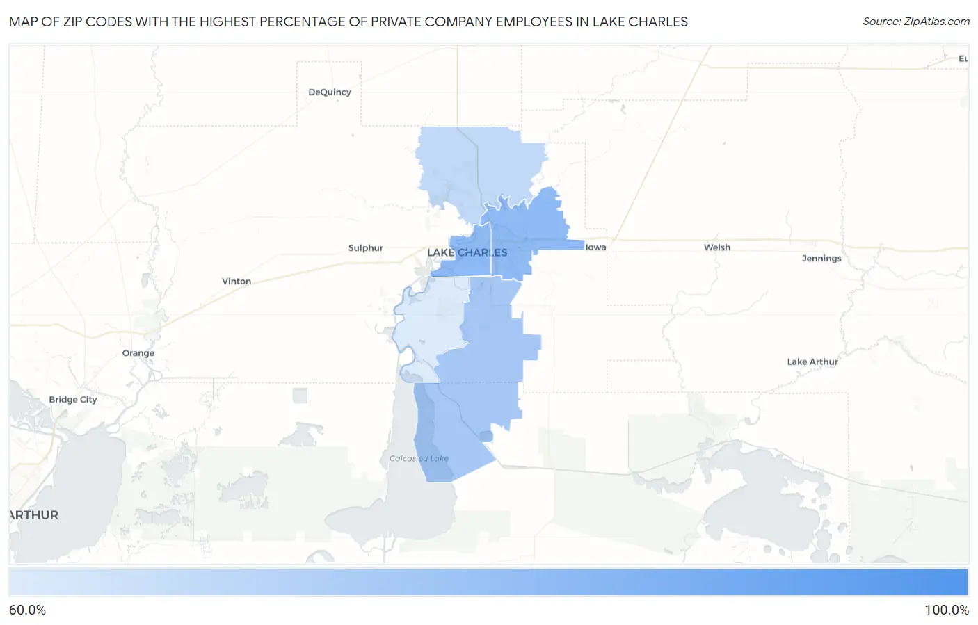 Zip Codes with the Highest Percentage of Private Company Employees in Lake Charles Map