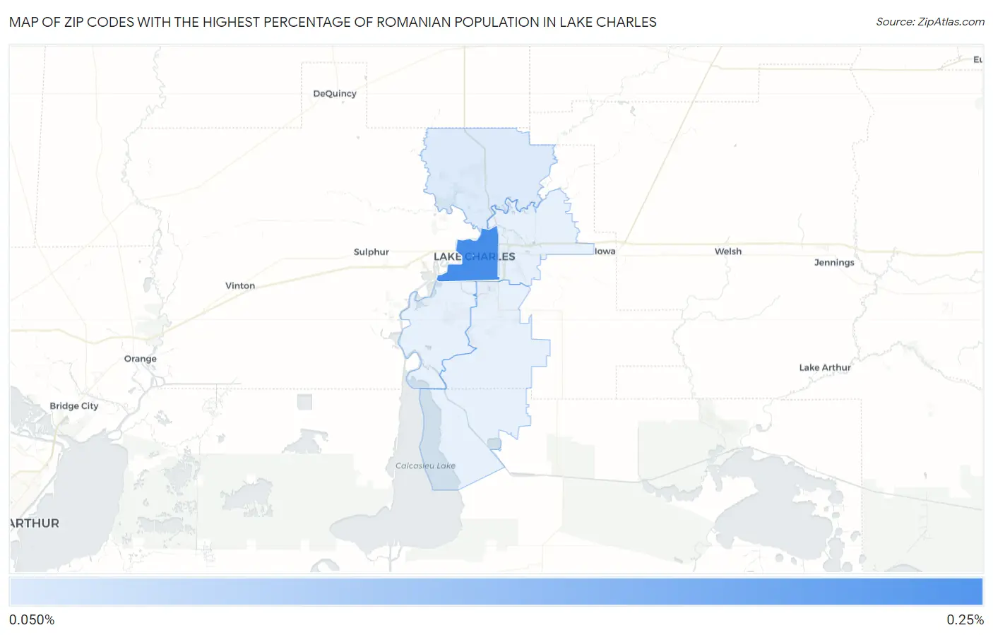 Zip Codes with the Highest Percentage of Romanian Population in Lake Charles Map