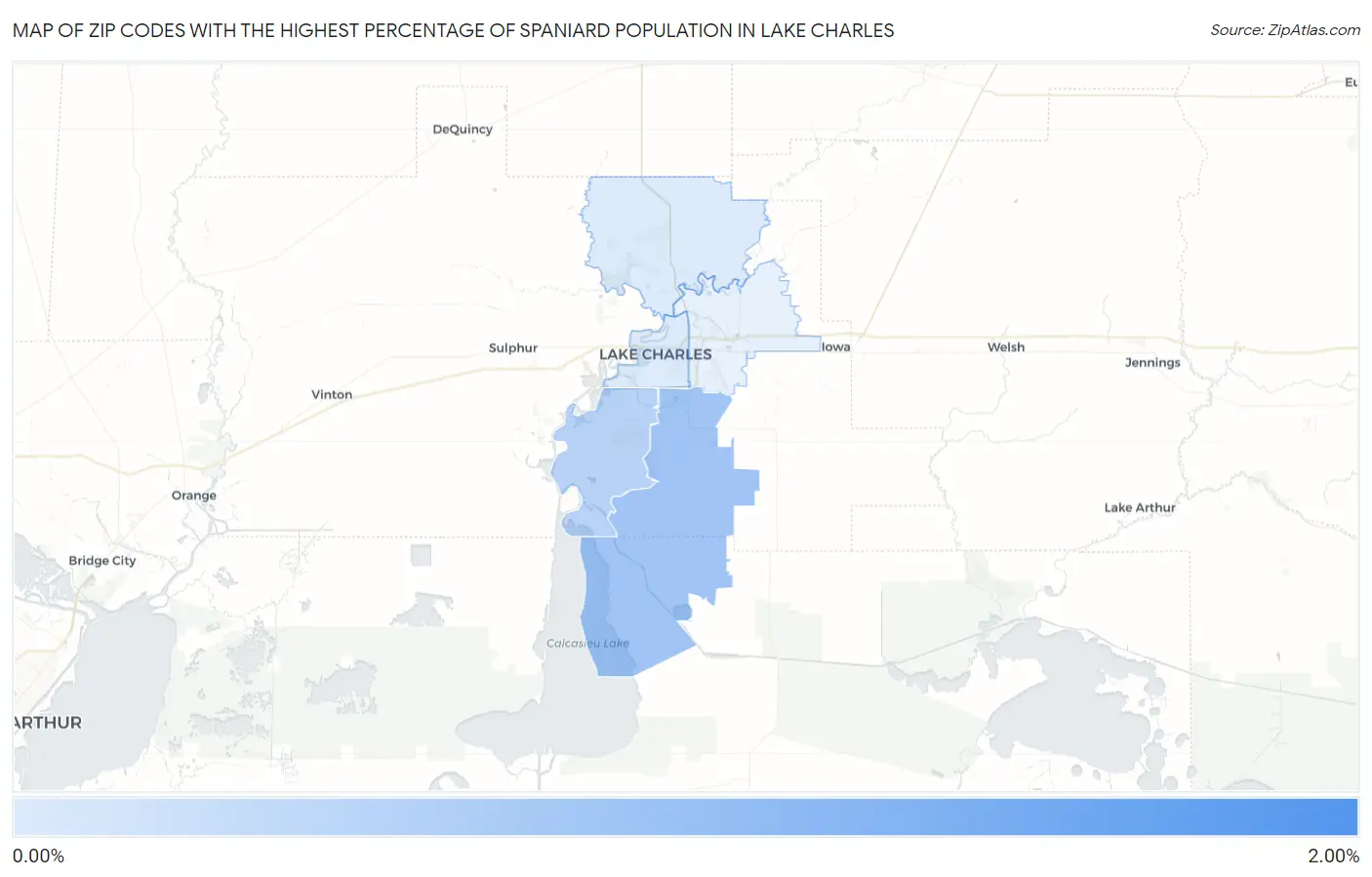 Zip Codes with the Highest Percentage of Spaniard Population in Lake Charles Map