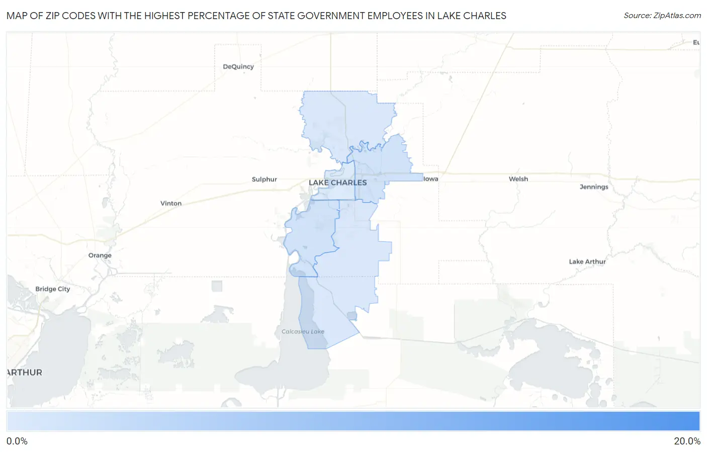 Zip Codes with the Highest Percentage of State Government Employees in Lake Charles Map