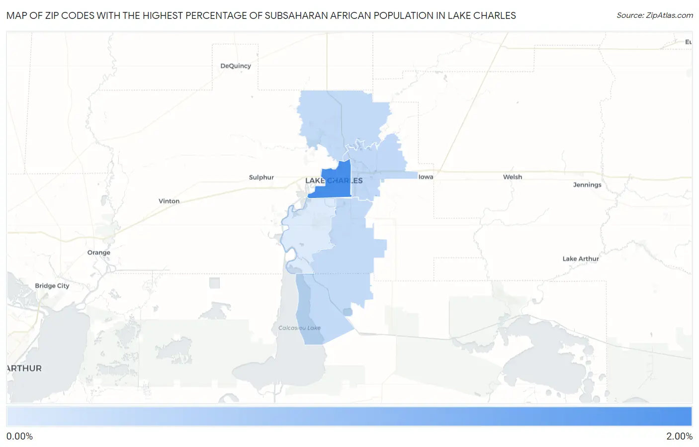Zip Codes with the Highest Percentage of Subsaharan African Population in Lake Charles Map