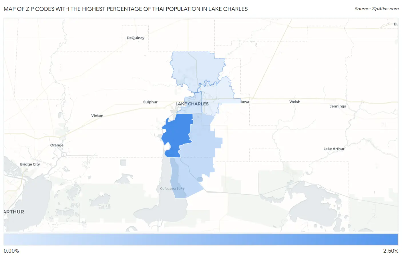 Zip Codes with the Highest Percentage of Thai Population in Lake Charles Map