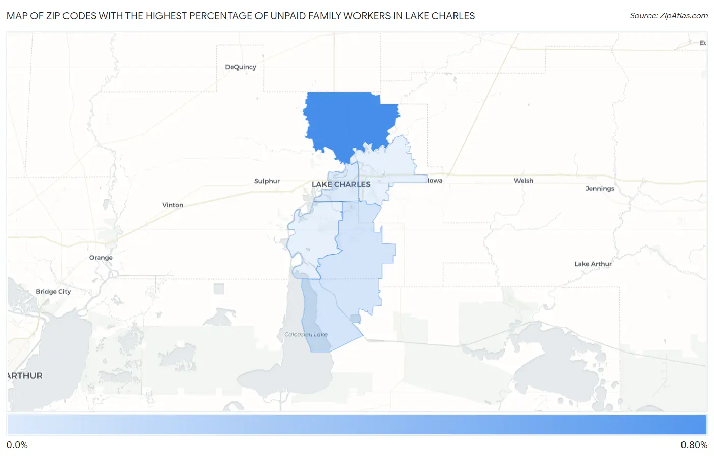 Zip Codes with the Highest Percentage of Unpaid Family Workers in Lake Charles Map