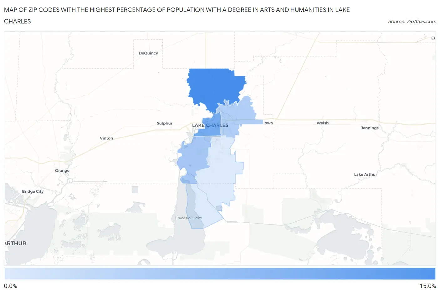 Zip Codes with the Highest Percentage of Population with a Degree in Arts and Humanities in Lake Charles Map