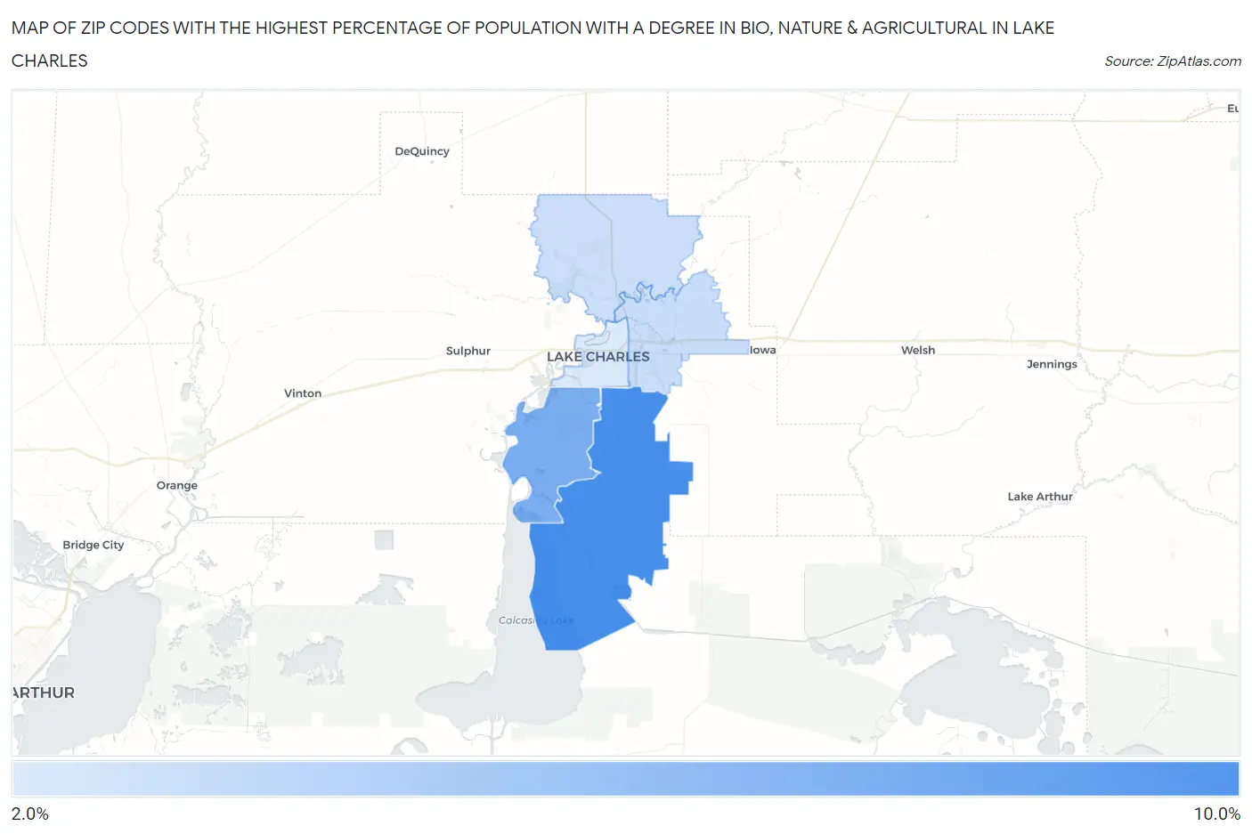 Zip Codes with the Highest Percentage of Population with a Degree in Bio, Nature & Agricultural in Lake Charles Map