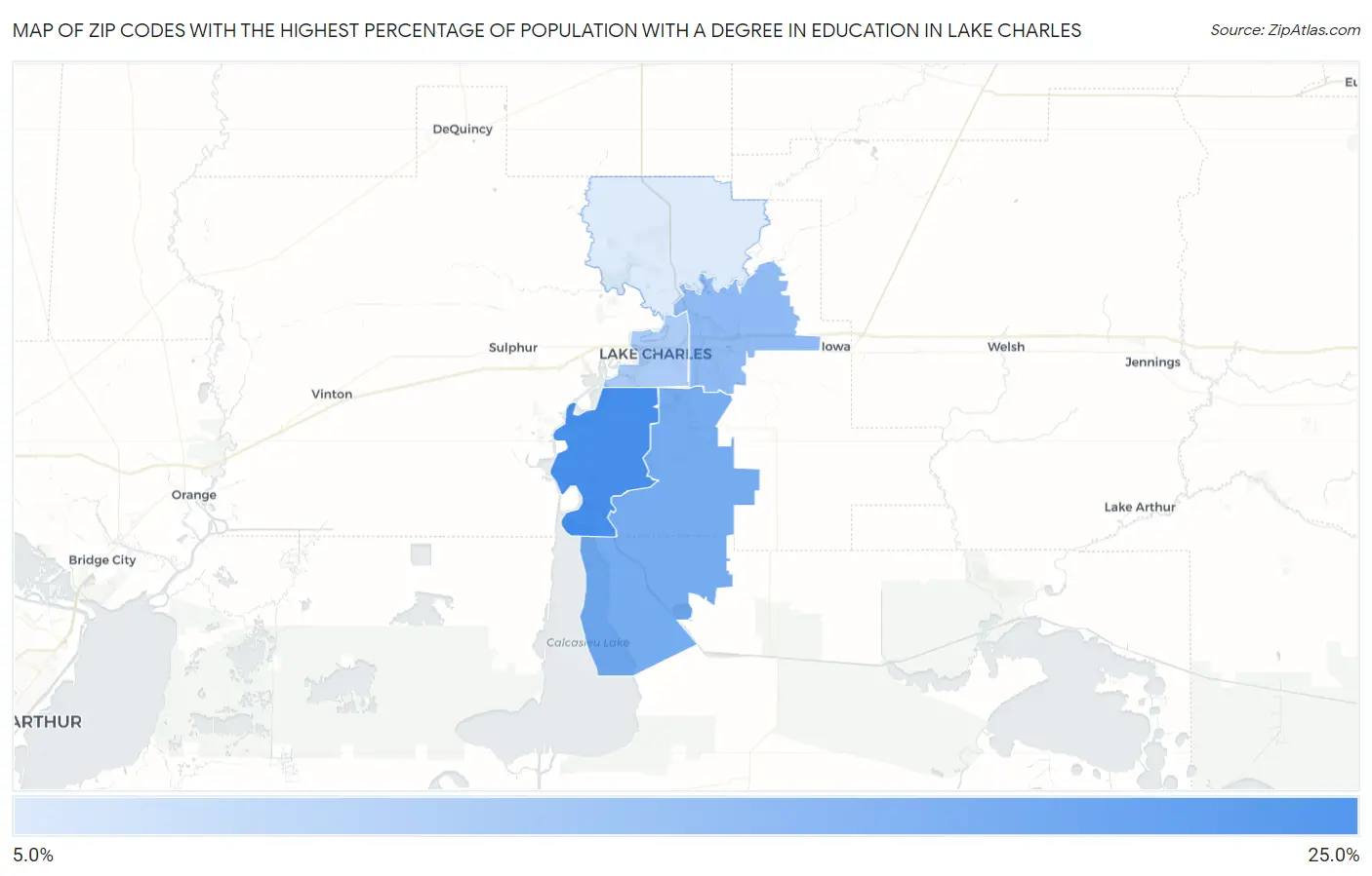 Zip Codes with the Highest Percentage of Population with a Degree in Education in Lake Charles Map