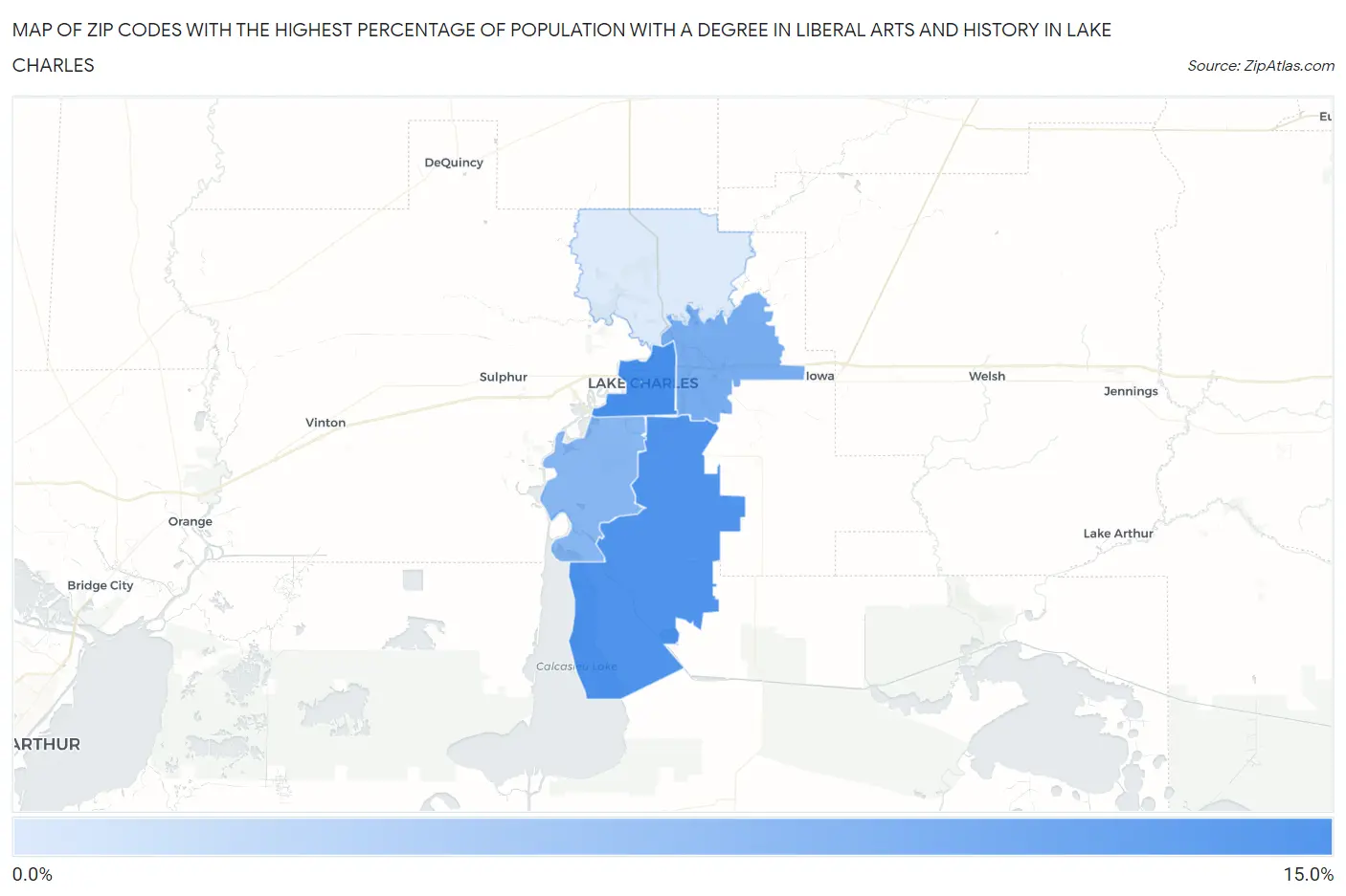 Zip Codes with the Highest Percentage of Population with a Degree in Liberal Arts and History in Lake Charles Map