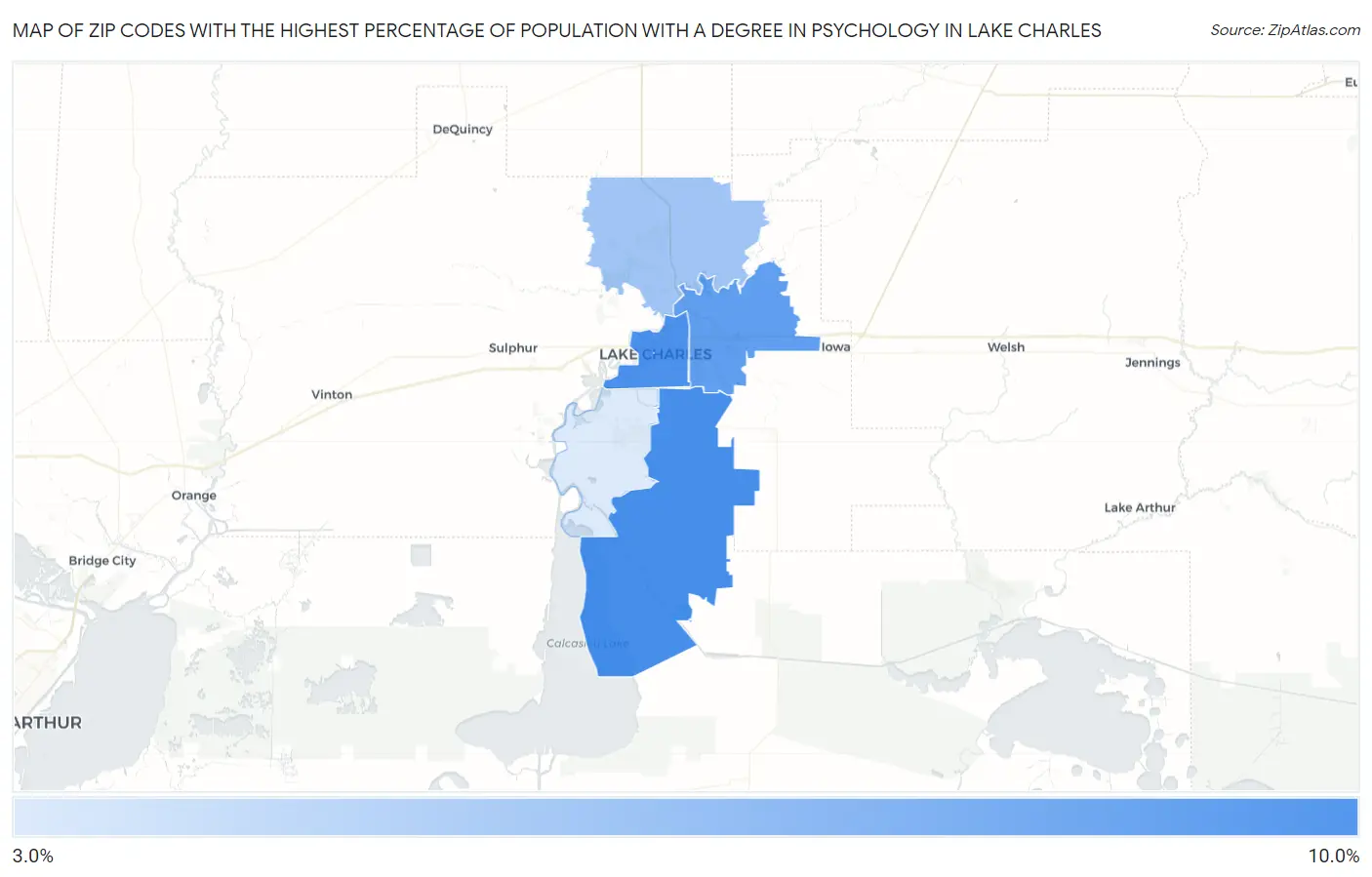 Zip Codes with the Highest Percentage of Population with a Degree in Psychology in Lake Charles Map