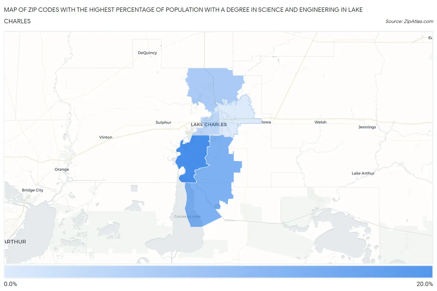 Zip Codes with the Highest Percentage of Population with a Degree in Science and Engineering in Lake Charles Map