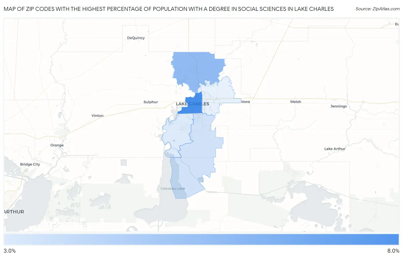 Zip Codes with the Highest Percentage of Population with a Degree in Social Sciences in Lake Charles Map
