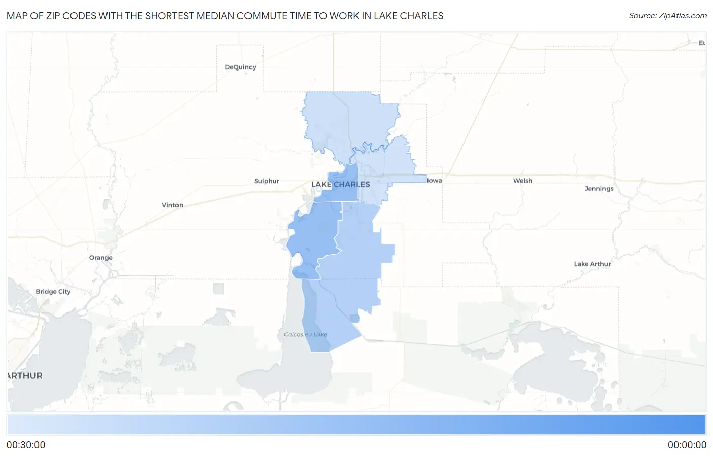 Zip Codes with the Shortest Median Commute Time to Work in Lake Charles Map