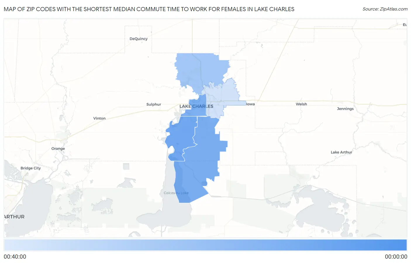 Zip Codes with the Shortest Median Commute Time to Work for Females in Lake Charles Map