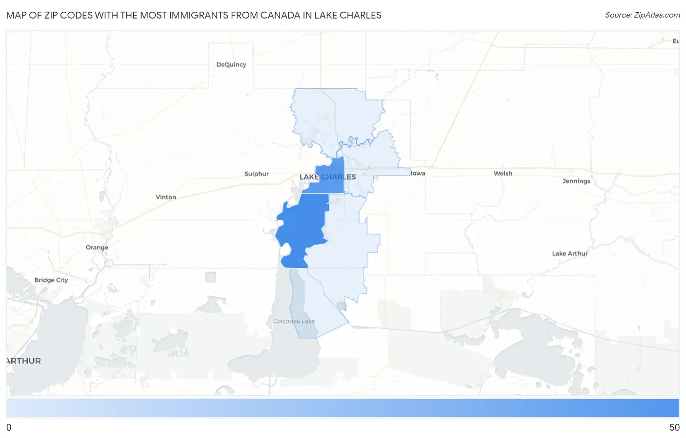 Zip Codes with the Most Immigrants from Canada in Lake Charles Map