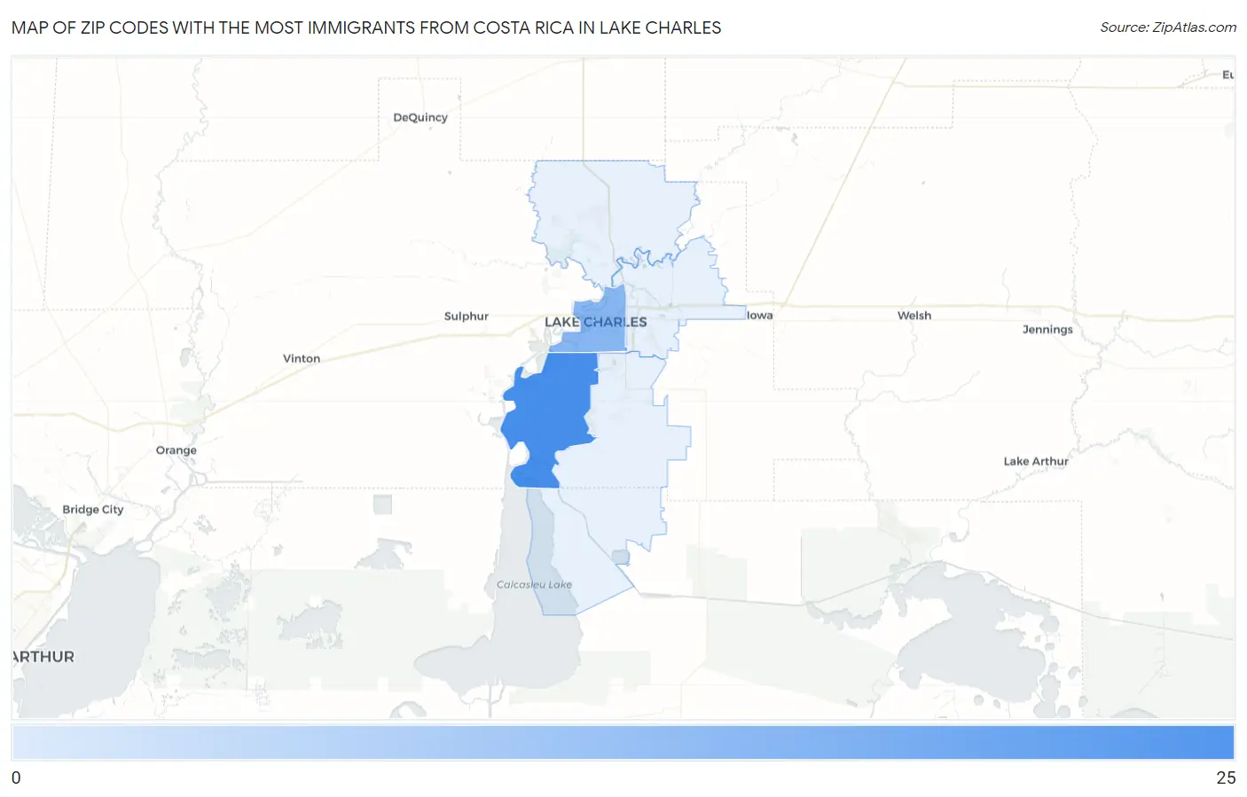 Zip Codes with the Most Immigrants from Costa Rica in Lake Charles Map