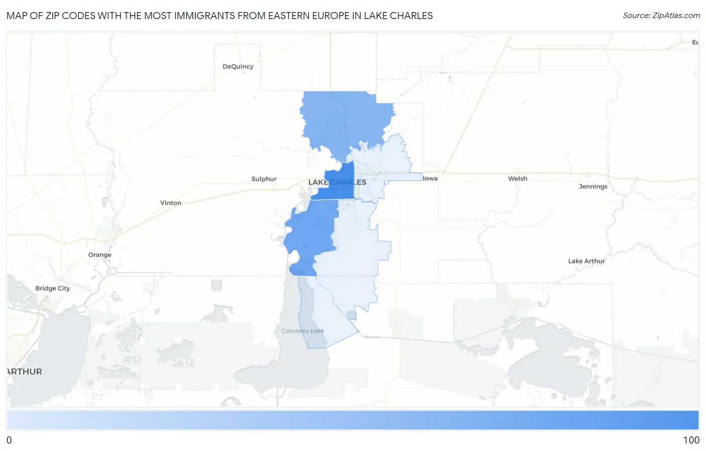 Zip Codes with the Most Immigrants from Eastern Europe in Lake Charles Map