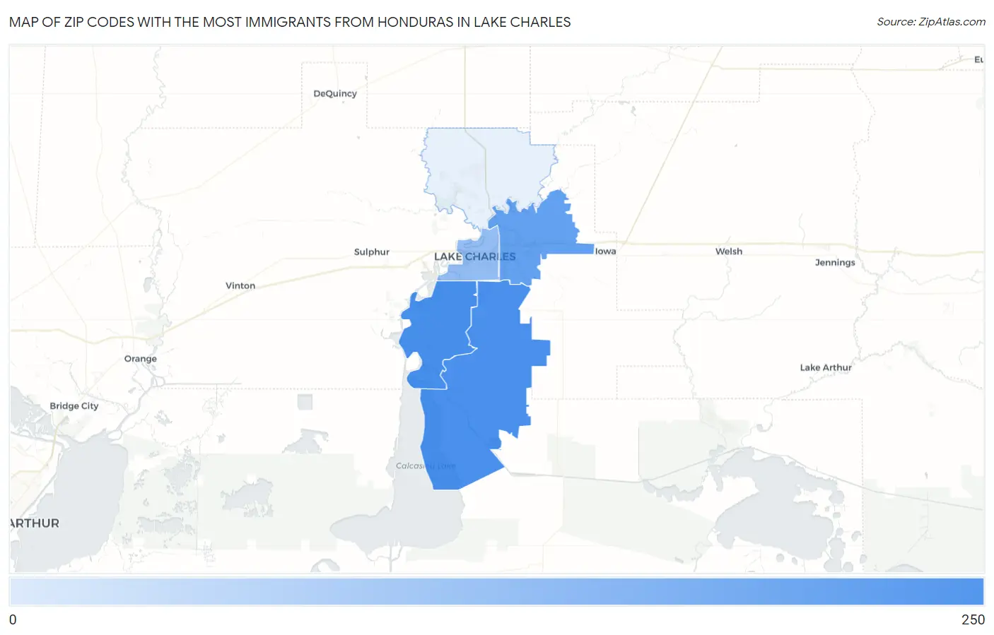 Zip Codes with the Most Immigrants from Honduras in Lake Charles Map