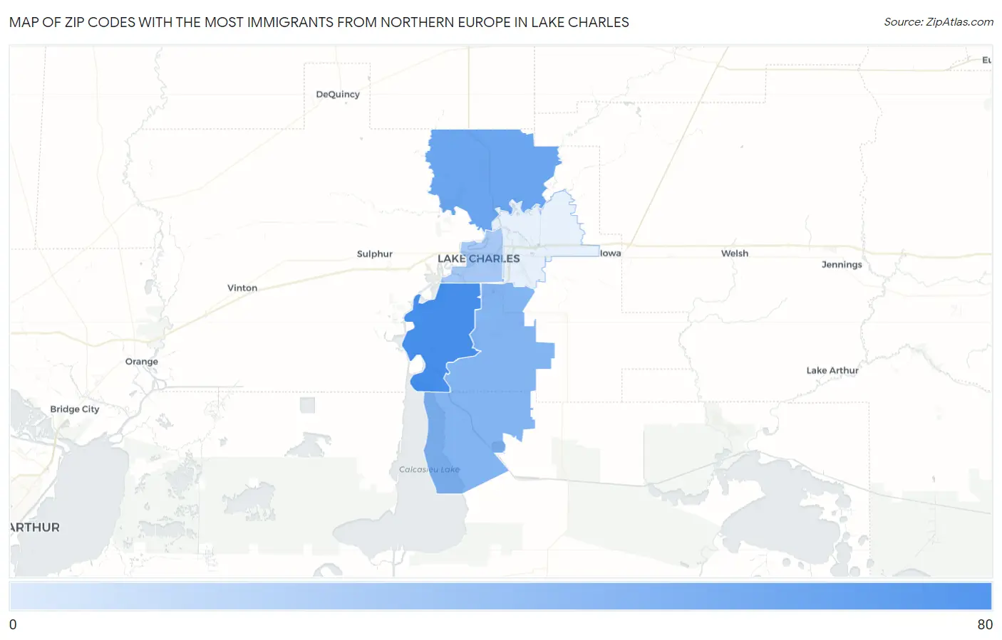 Zip Codes with the Most Immigrants from Northern Europe in Lake Charles Map