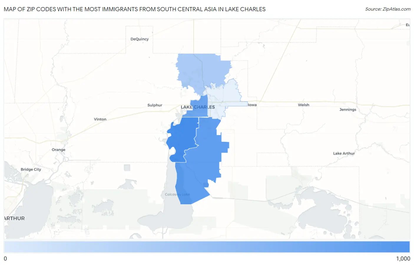 Zip Codes with the Most Immigrants from South Central Asia in Lake Charles Map