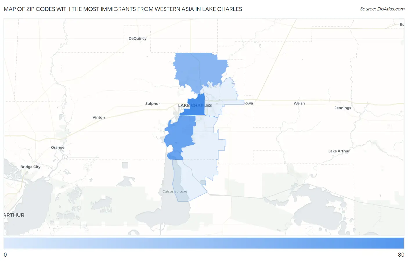 Zip Codes with the Most Immigrants from Western Asia in Lake Charles Map