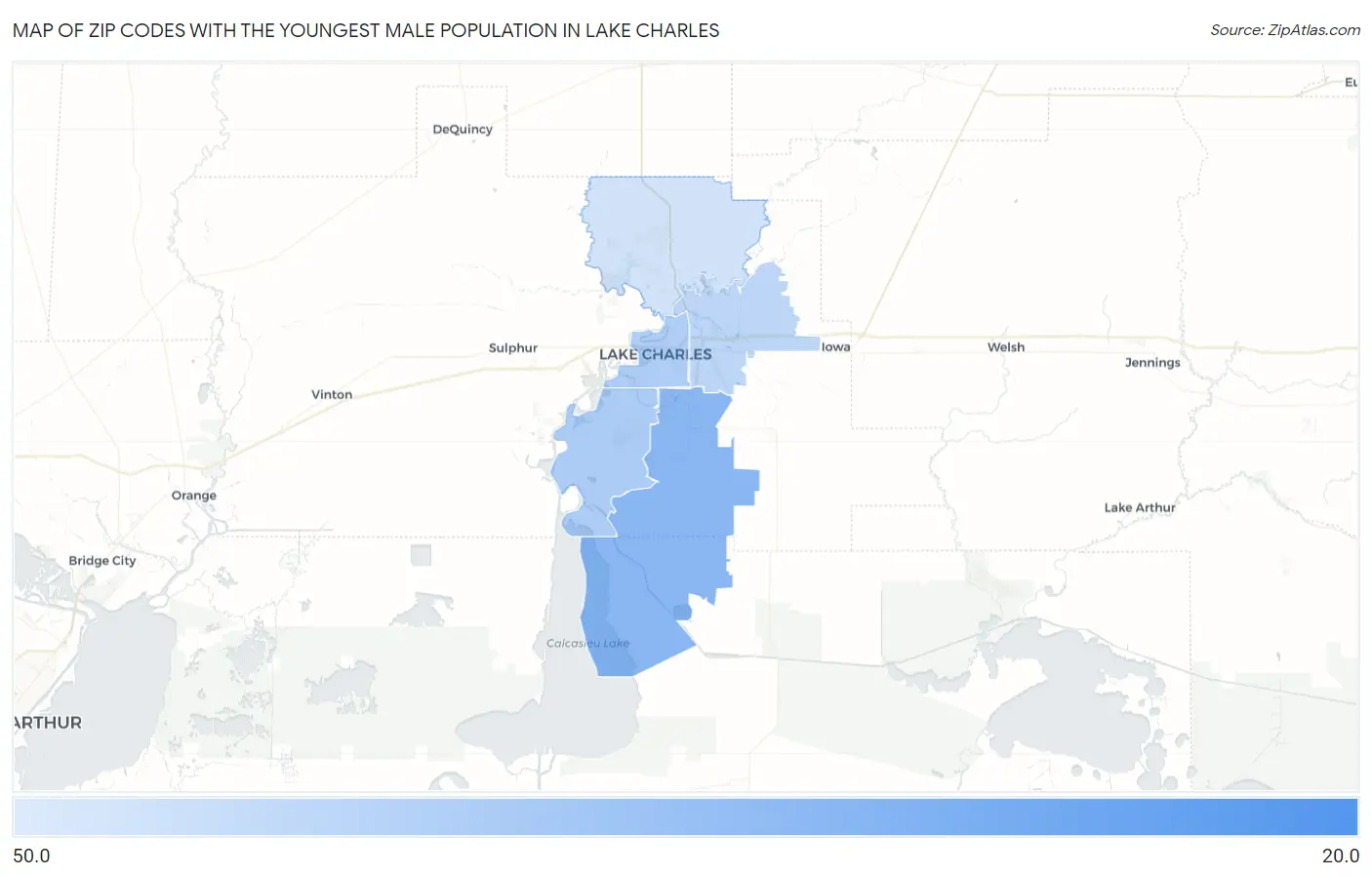 Zip Codes with the Youngest Male Population in Lake Charles Map