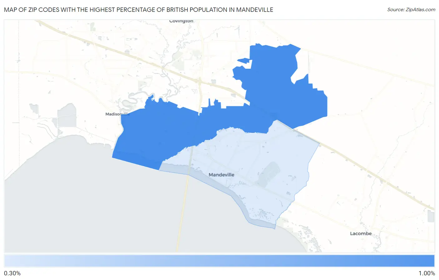 Zip Codes with the Highest Percentage of British Population in Mandeville Map