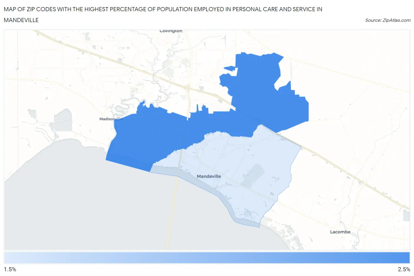 Zip Codes with the Highest Percentage of Population Employed in Personal Care and Service in Mandeville Map