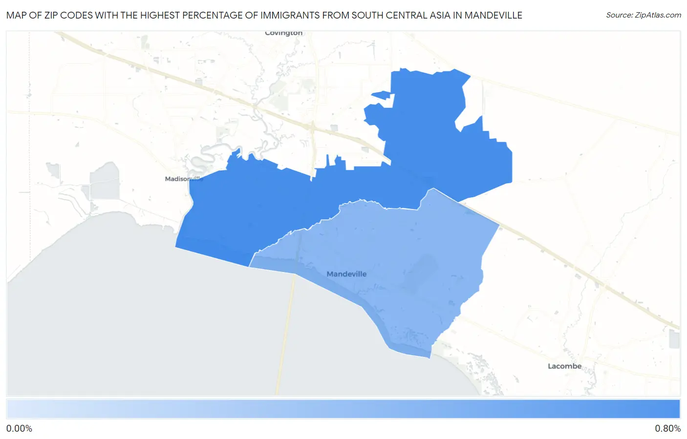 Zip Codes with the Highest Percentage of Immigrants from South Central Asia in Mandeville Map
