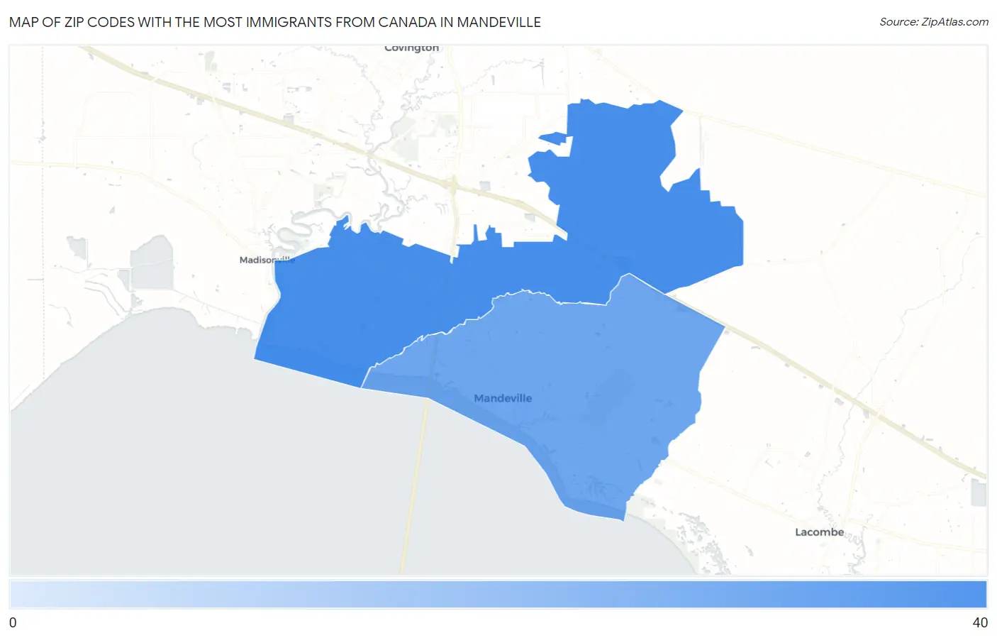 Zip Codes with the Most Immigrants from Canada in Mandeville Map