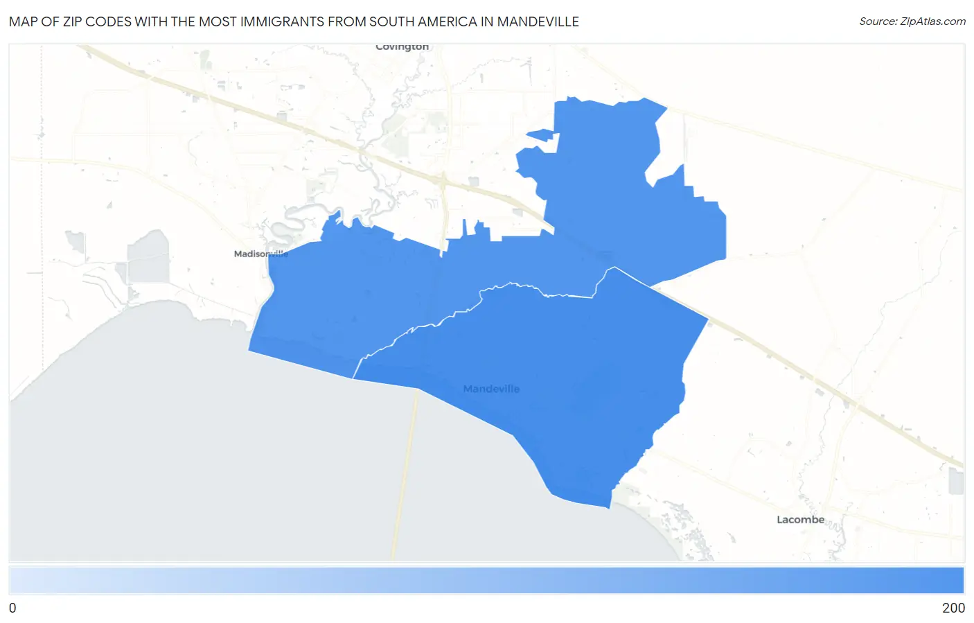 Zip Codes with the Most Immigrants from South America in Mandeville Map