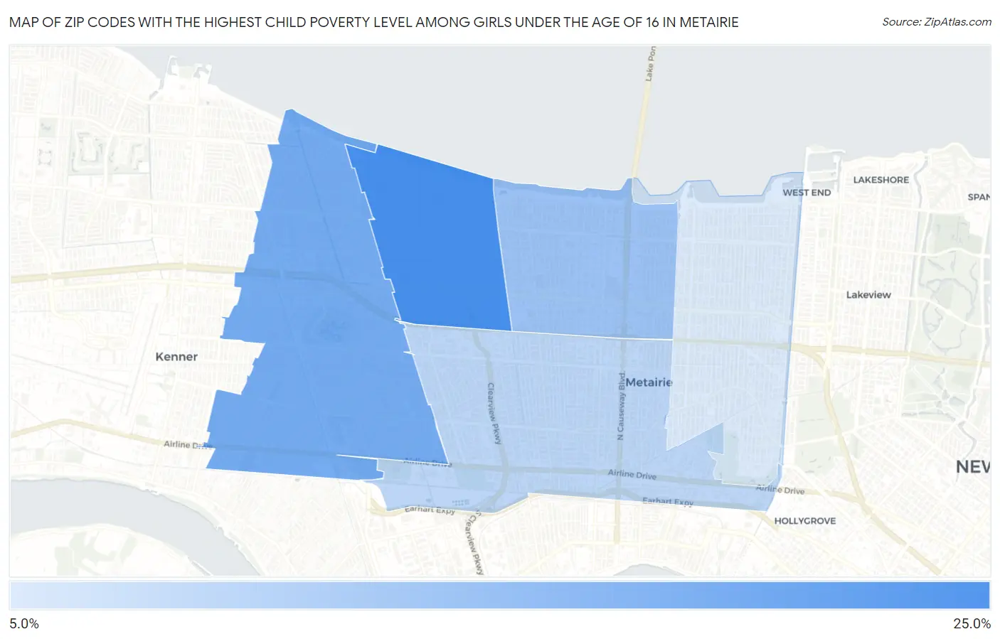 Zip Codes with the Highest Child Poverty Level Among Girls Under the Age of 16 in Metairie Map