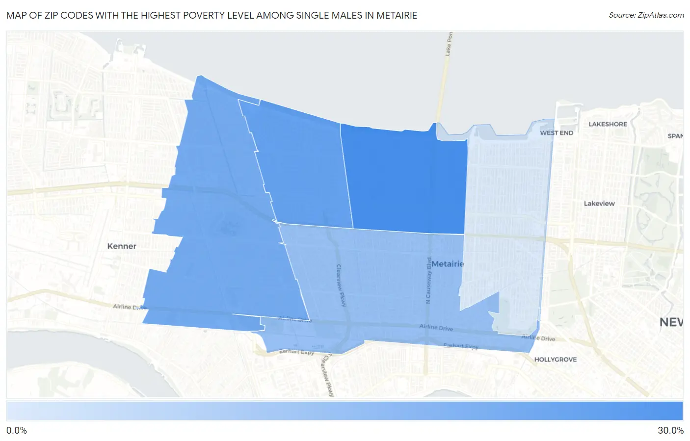 Zip Codes with the Highest Poverty Level Among Single Males in Metairie Map