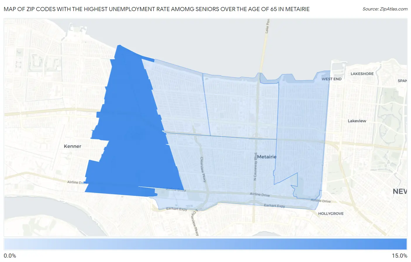 Zip Codes with the Highest Unemployment Rate Amomg Seniors Over the Age of 65 in Metairie Map