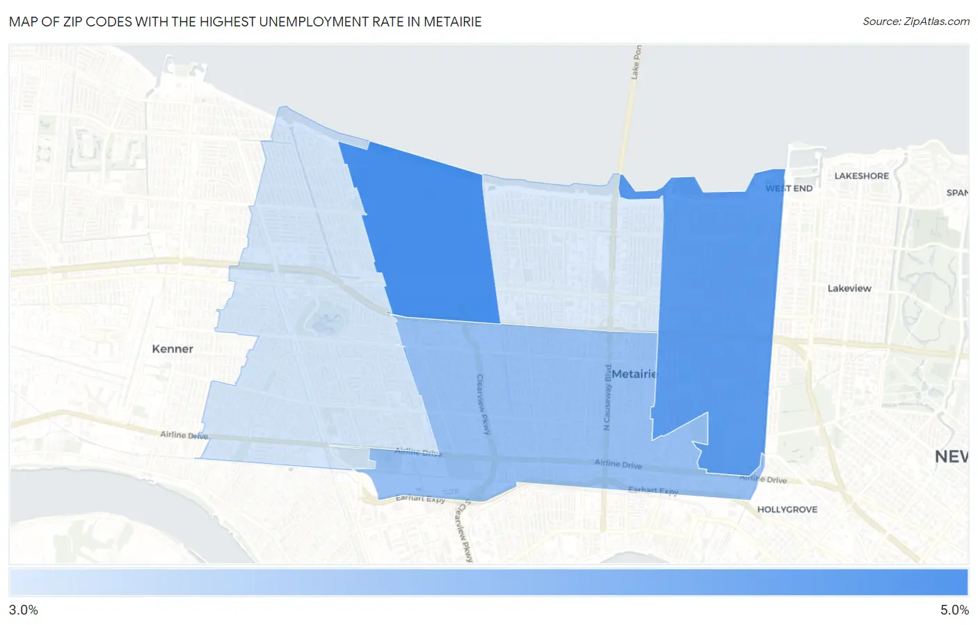 Zip Codes with the Highest Unemployment Rate in Metairie Map